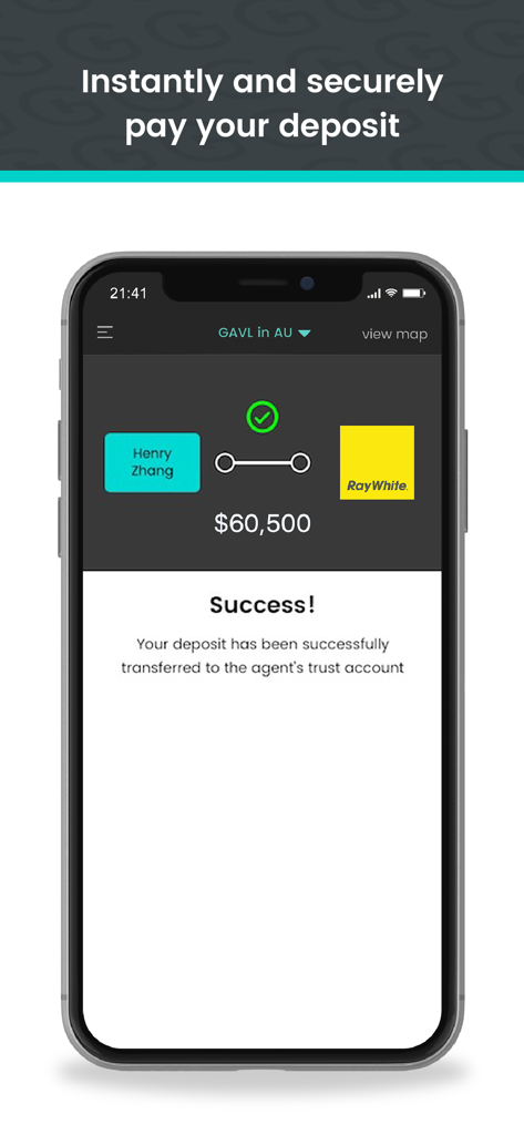 GAVL Live - Smartphone screen confirming a successful deposit payment to a real estate agent on the GAVL Live app.
