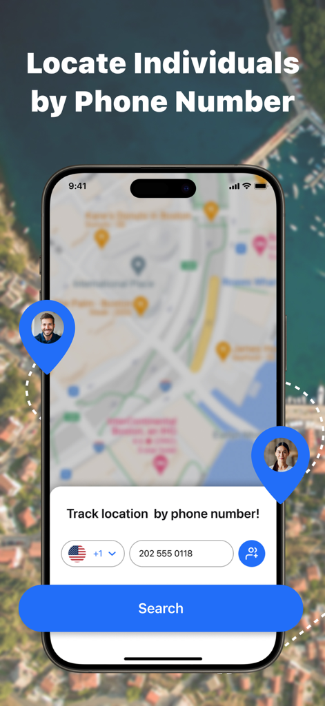 Interfaz de la aplicación mostrando un mapa con pines de perfil y una barra de búsqueda para localizar personas por número de teléfono.