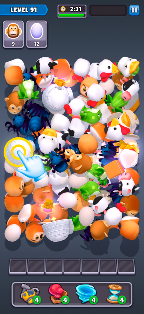 Match Junk: Triple Tile Puzzle - A mobile game screen from Match Junk showing level ninety-one with a variety of 3D animal and object tiles to be matched