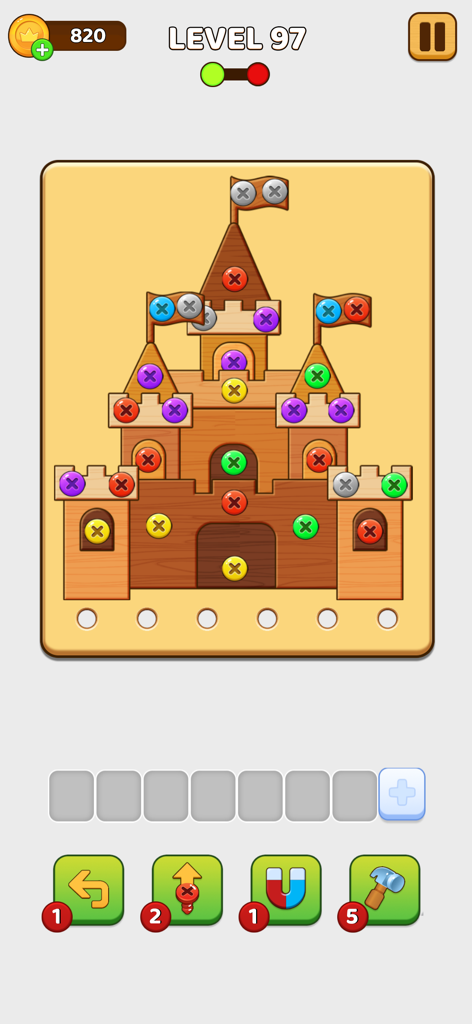 Gameplay de Screw Color Nuts Match Master avec un puzzle de château en bois et des vis colorées