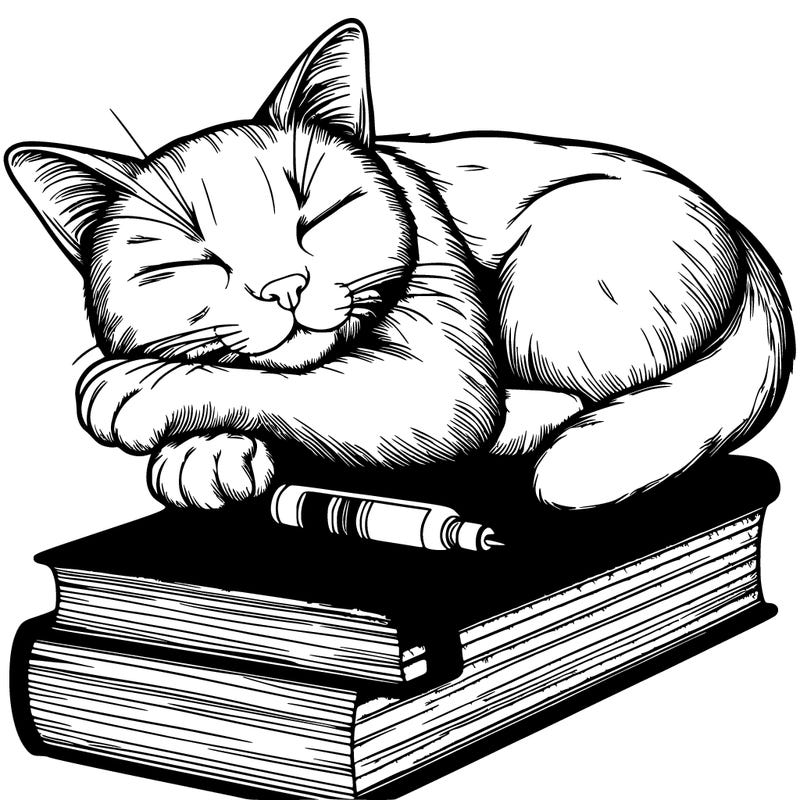 realistic cat sleeping by a book