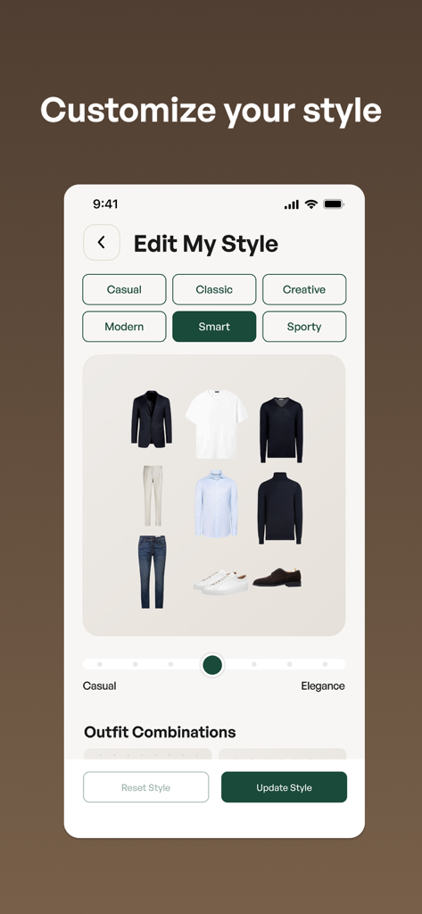 Vestio - Captura de pantalla de la aplicación Vestio que muestra la pantalla de personalización de estilo con varios artículos de ropa y botones de categoría de estilo