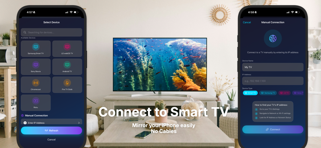 Cast to TV: Screen Share - Interface for connecting an iPhone to a smart TV for screen mirroring without cables