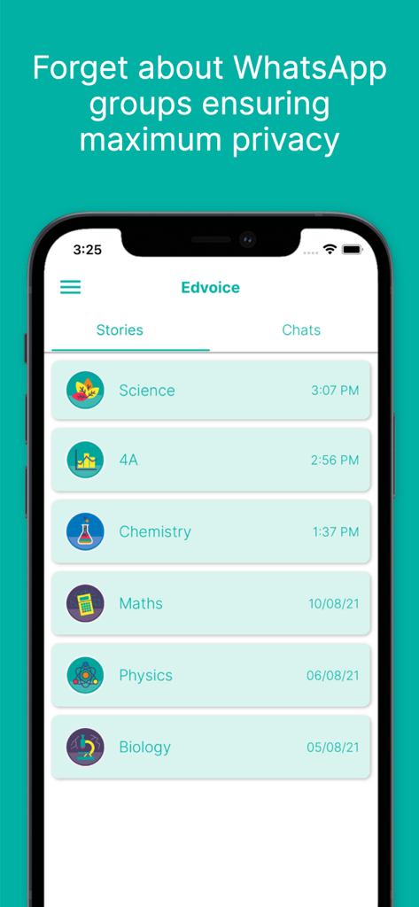 Edvoice - School communication - La interfaz de la aplicación Edvoice que muestra una lista de actualizaciones de materias escolares en la pestaña de historias con un enfoque en la privacidad