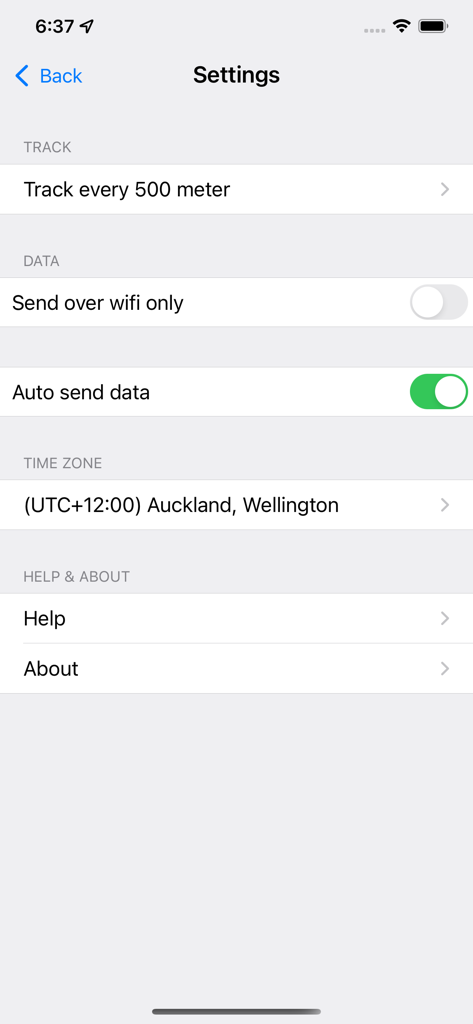 Settings screen of the MAProgress app showing tracking and data options