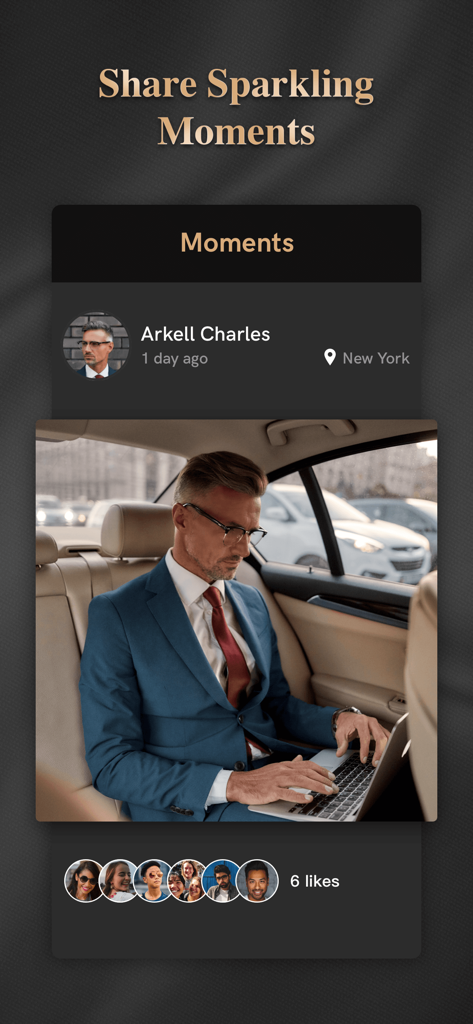 Pantalla de Momentos de la aplicación Luxy PRO que muestra a un profesional exitoso compartiendo una foto desde un coche de lujo