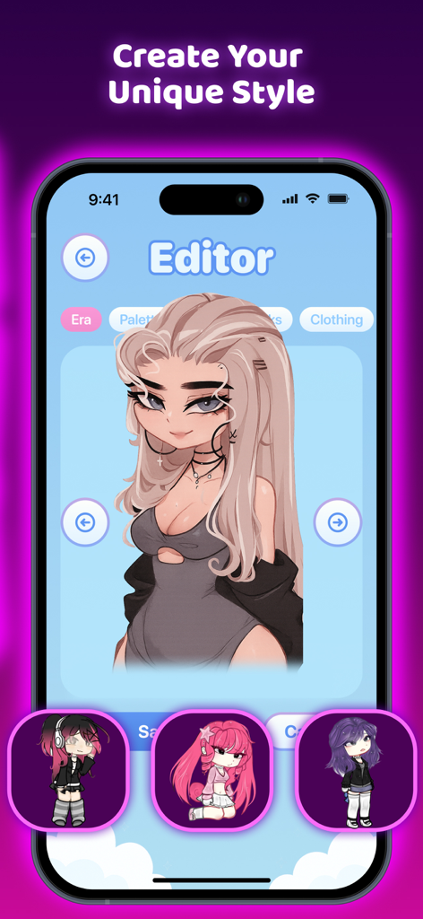 Gacha Nox - Nebula & Heat Mods - Interface of the Gacha Nox app showing the character editor with a custom-styled avatar