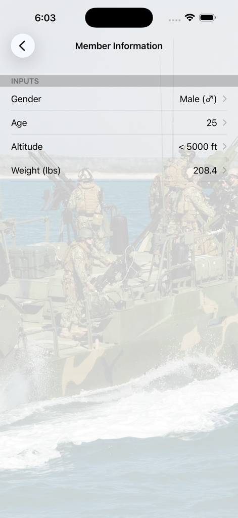 Member information input screen in the Navy PFA Calc app showing fields for gender, age, altitude, and weight.