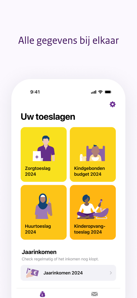 Toeslagen - Toeslagen app dashboard showing overview of healthcare, child budget, rent, and childcare benefits