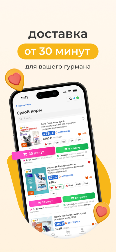 Petshopru — Все для питомцев - Interfaz de la aplicación de suministros para mascotas Petshopru que muestra compras de comida para mascotas y una promesa de entrega en 30 minutos en ruso