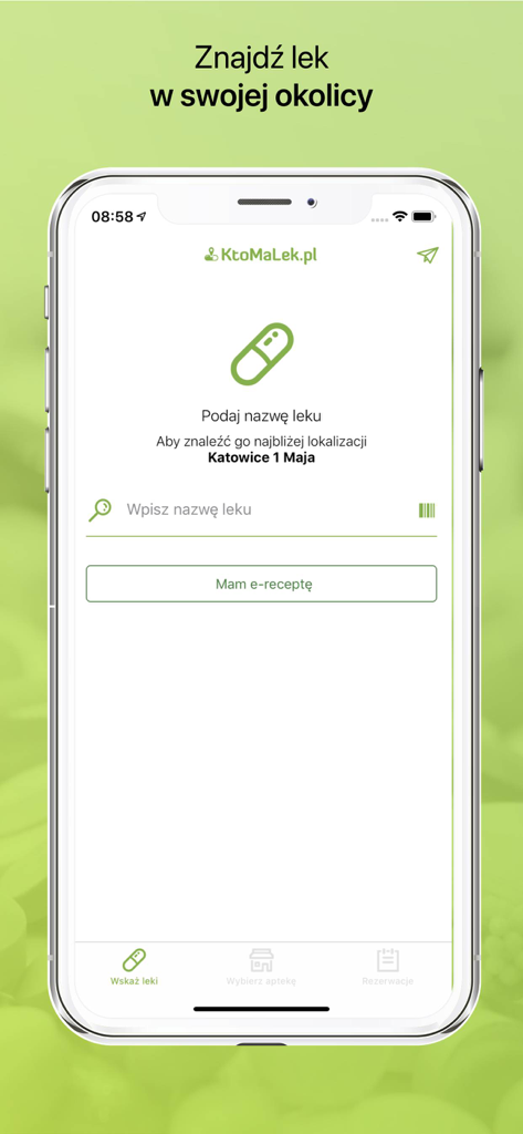 Interface de pesquisa do aplicativo KtoMaLek para encontrar e reservar medicamentos em farmácias locais