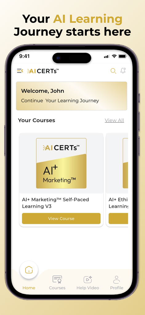 AI CERTs®: AI & Blockchain - Interface do aplicativo AI CERTs exibindo cursos de certificação de IA e Blockchain disponíveis
