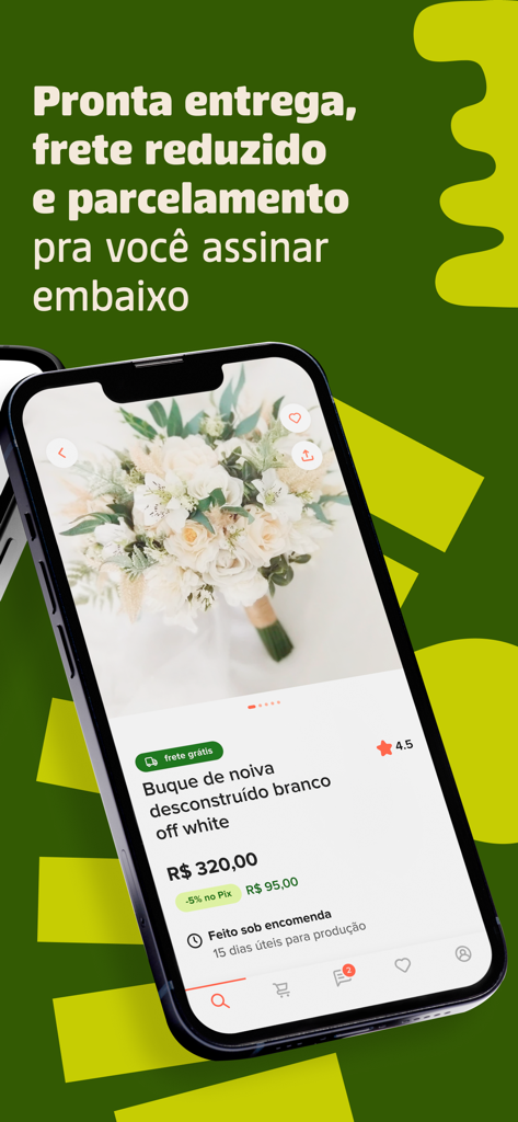 Elo7 - Página de produto do aplicativo Elo7 exibindo um buquê de noiva branco feito à mão com informações de preço e frete grátis