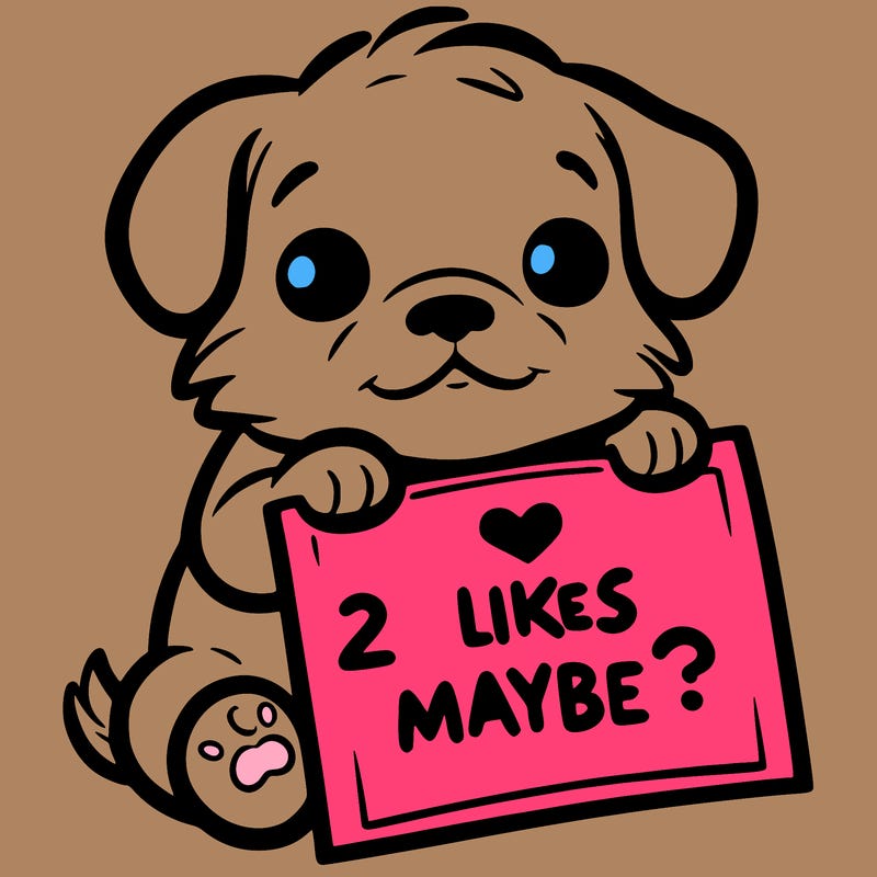 a puppy holding a sign that says 2 likes maybe?
