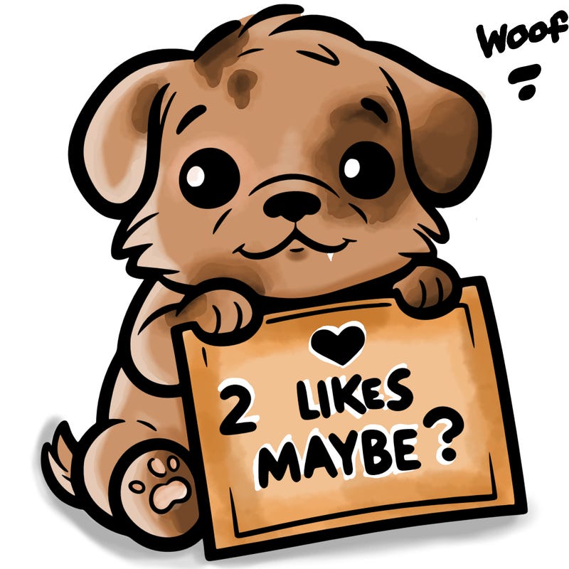a puppy holding a sign that says 2 likes maybe?