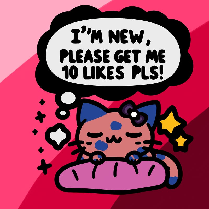 kitty taking a nap dream talking and saying "i'm new, please get me at least 10 likes pls!!"