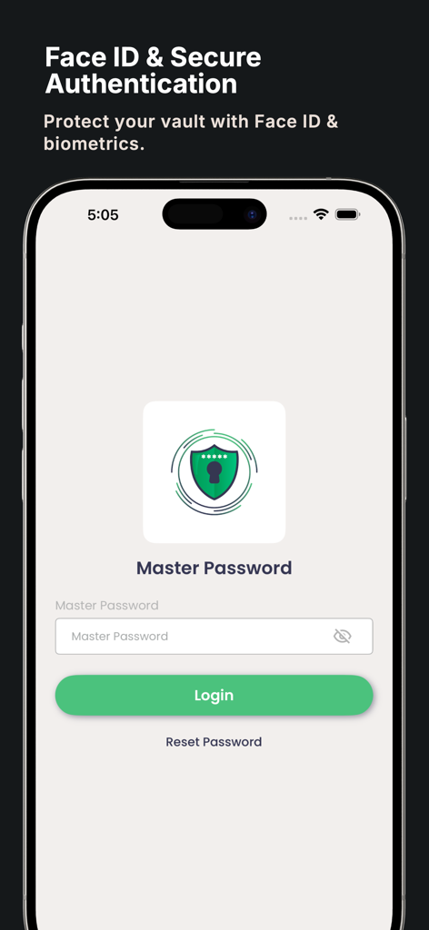Login screen for KeePass Password Manager showing Face ID and Master Password secure authentication options on iPhone