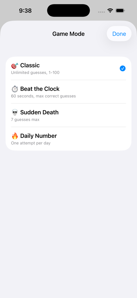 Simply Guess The Number - A minimalist menu screen for Simply Guess The Number showing four different game modes including Classic and Daily Number.