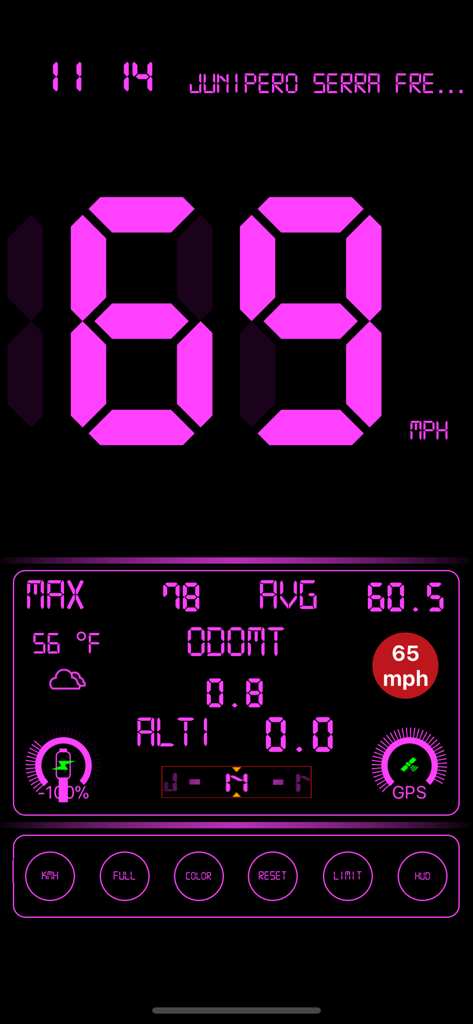 Speedometer .. - Digital speedometer app interface showing current speed in pink with speed limit and road information