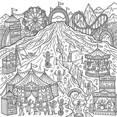 Step right up to a truly extraordinary carnival experience! This unique coloring page brings a lively circus to life, perched atop the magnificent and unexpected landscape of Piedmont Glaciers.