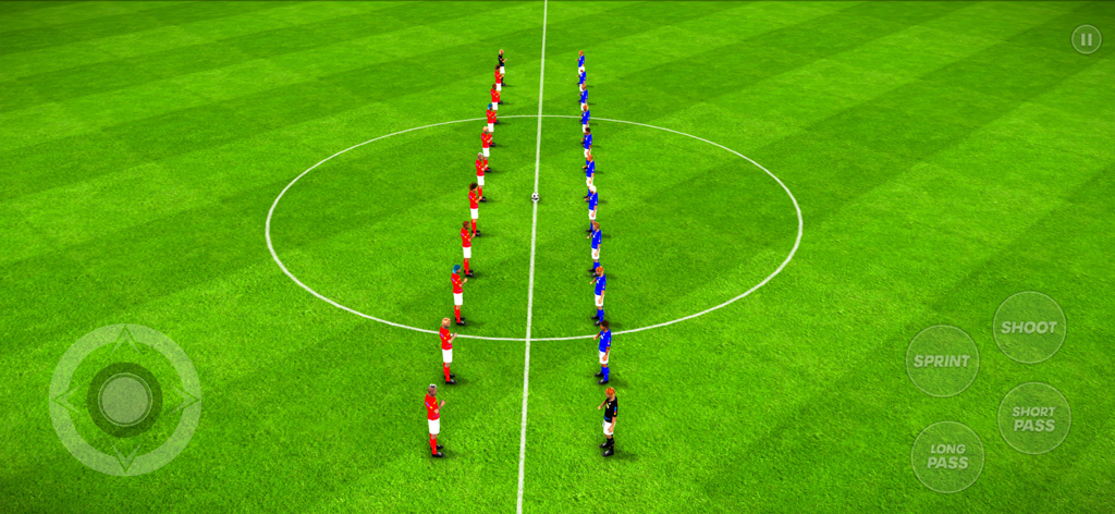 Football Club Star Soccer Game - Top down view of red and blue soccer teams lining up at the center circle in Football Club Star Soccer Game