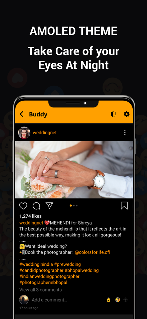 Buddy Social Networking App-Oberfläche im AMOLED-Dunkelmodus-Theme zum Augenschutz