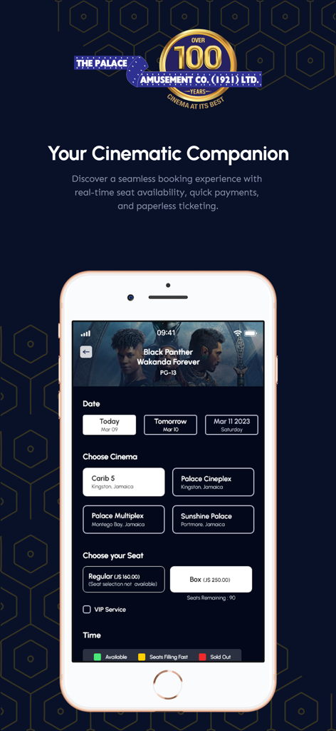 Palace Amusement - Palace Amusement mobile app showing the movie ticket booking interface with seat and cinema selection for Black Panther