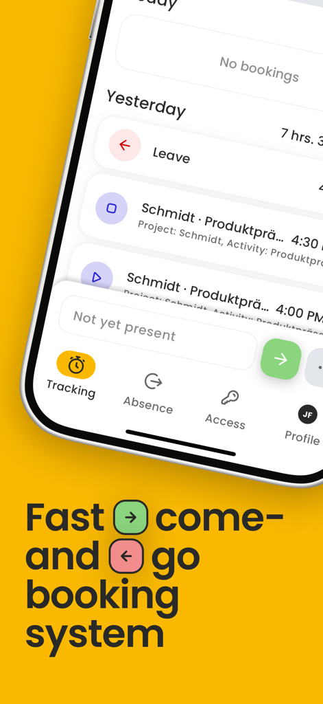 Mobile app screen showing a fast come and go booking system for tracking employee work hours