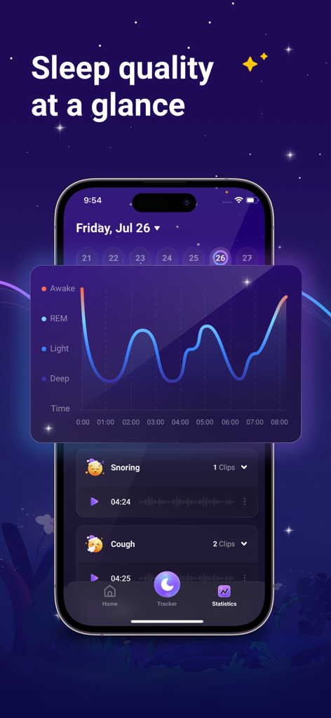 Sleep Wellアプリのインターフェース。睡眠の質グラフと、いびきおよび咳の録音が表示されています。