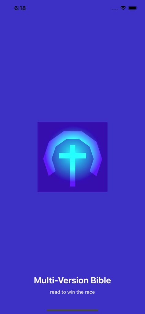 Splash screen of the Multi-Version Bible app featuring a glowing cross icon and the tagline read to win the race.