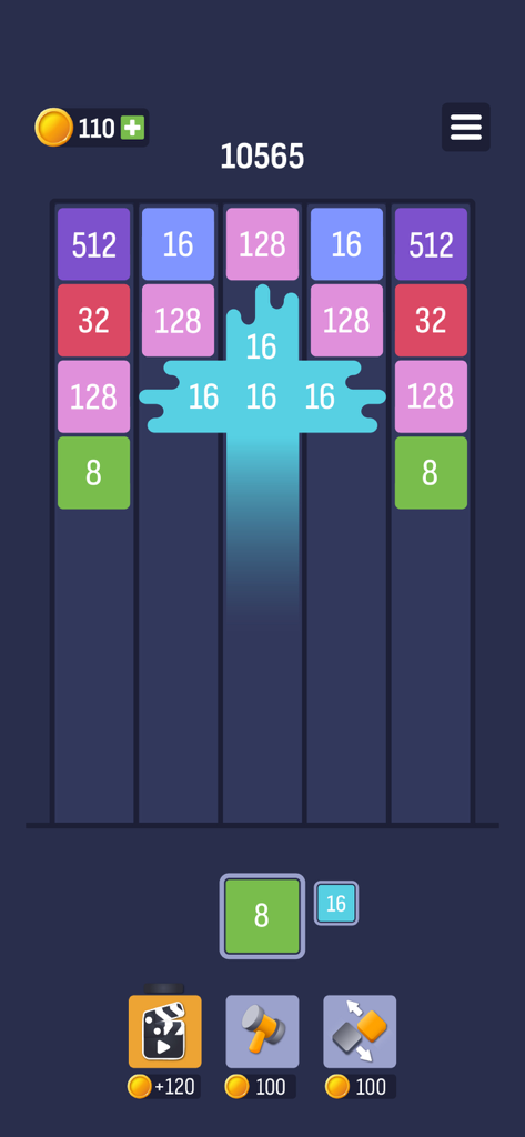 Jugabilidad de X2 Puzzle que muestra un tablero con bloques de números de colores fusionándose para alcanzar puntuaciones más altas