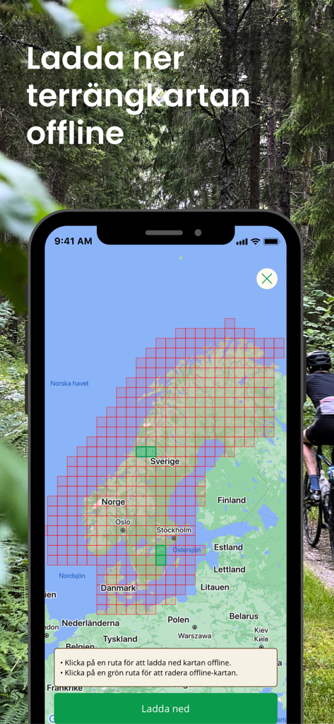 Interface do aplicativo Naturkartan mostrando um mapa da Escandinávia com uma grade para selecionar e baixar mapas de terreno para uso offline