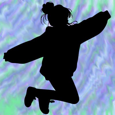 realistic girl jumping with a bun and oversized sweatshirt