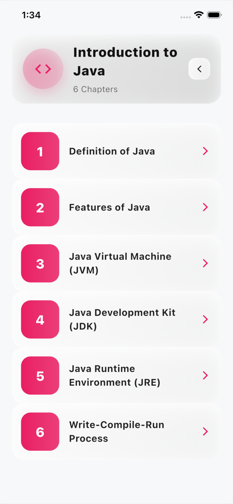 Java Basics Quiz Pro - A list of six chapters under the Introduction to Java section including JVM JDK and JRE topics