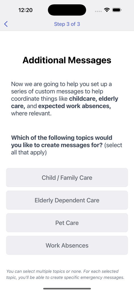 Schermata dell'app ReadyNow che mostra opzioni per creare messaggi di emergenza personalizzati per assistenza all'infanzia, assistenza agli anziani, cura degli animali domestici e assenze dal lavoro.