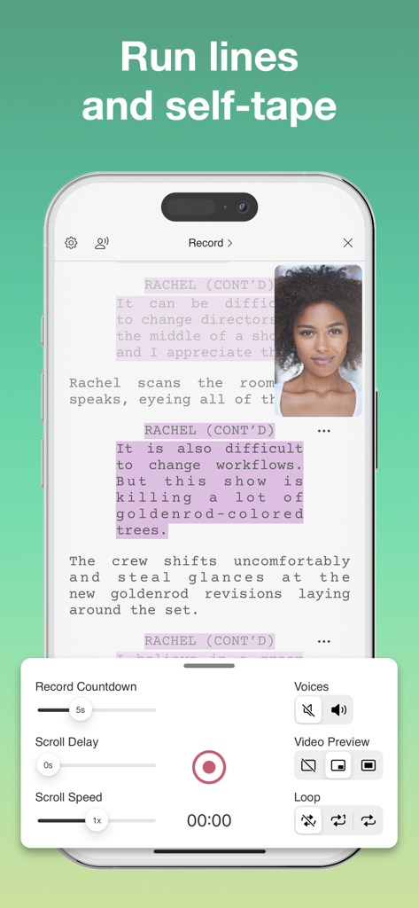 Scriptation: PDF for Film & TV - Scriptation app interface on iPhone showing the run lines and self-tape recording feature with a script and video preview