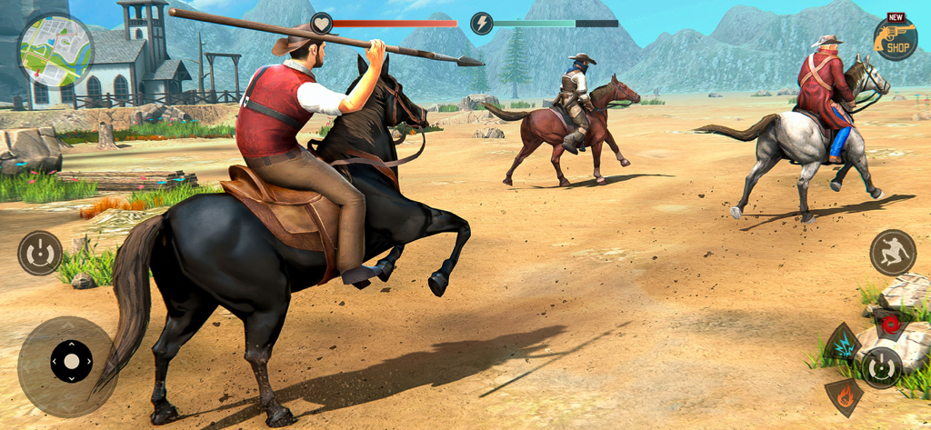 Wild West: Gunfighter Gangster - A cowboy character riding a black horse and wielding a spear in a western open world environment