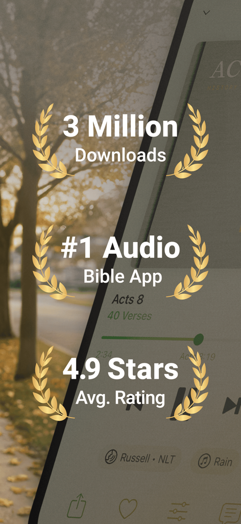 Dwell Audio Bible app highlights featuring 3 million downloads, number 1 audio Bible app ranking, and 4.9 star average rating.