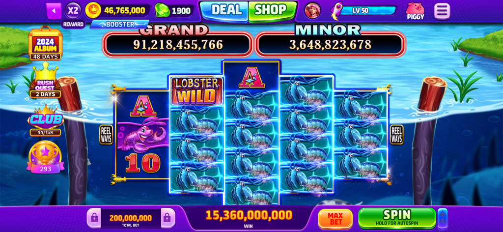 Jackpot Wild - Slots Casino - Jackpot Wild Slots Casino gameplay showing Lobster Wild slot machine and massive win display.