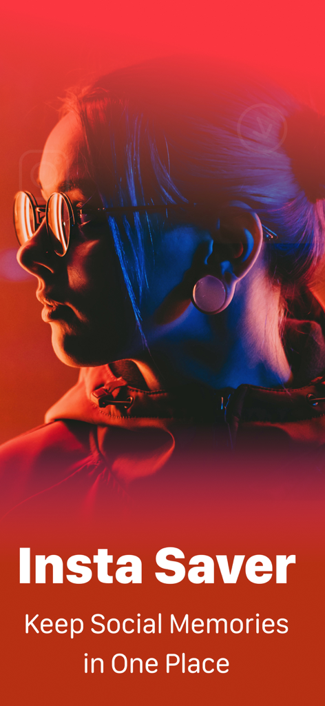 Instant Saver - Story Saver - Pantalla de inicio de la aplicación Instant Saver mostrando a una mujer joven y el texto 'Guarda Recuerdos Sociales en un Solo Lugar'