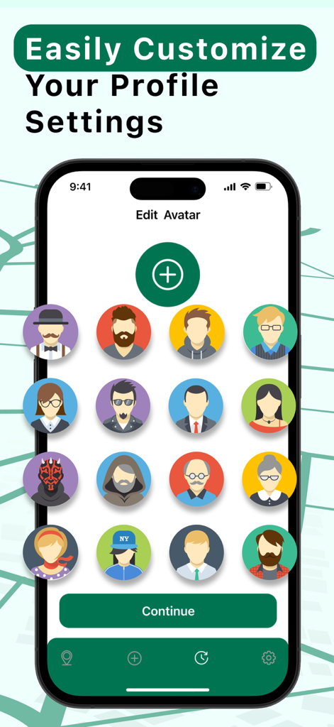 Phone Tracker Location Geo-Pro - Una pantalla móvil que muestra una variedad de avatares de personajes para personalizar la configuración del perfil del usuario en la aplicación Phone Tracker Geo-Pro.