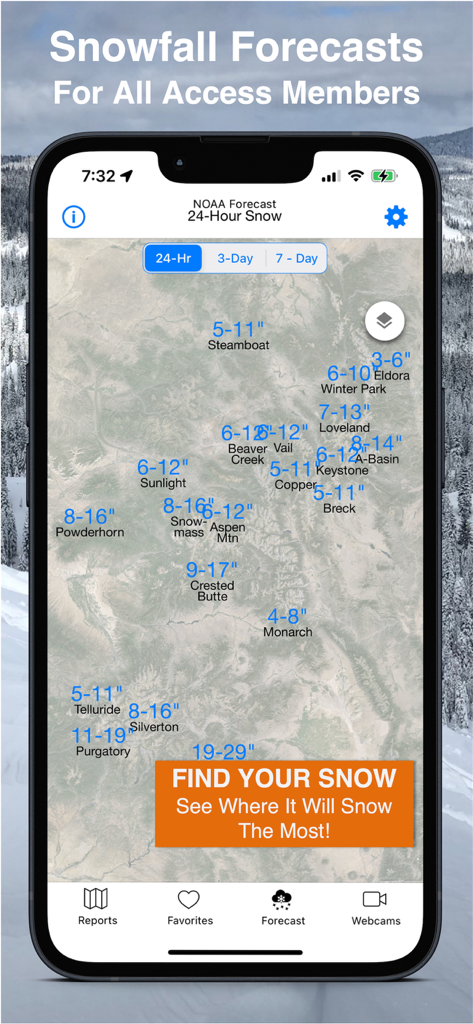 Colorado Snow Map & Webcams - A map of Colorado showing 24 hour snowfall forecasts for various ski resorts
