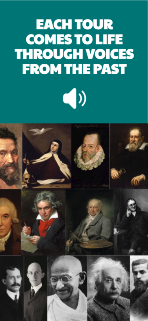 Alhambra Audioguide & Tours - Un collage di ritratti di figure storiche che evidenzia la narrazione audio immersiva dell'app del tour dell'Alhambra.