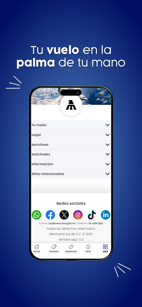 Mexicana - Mobile interface of the Mexicana airline app showing the more menu with flight options and social media links