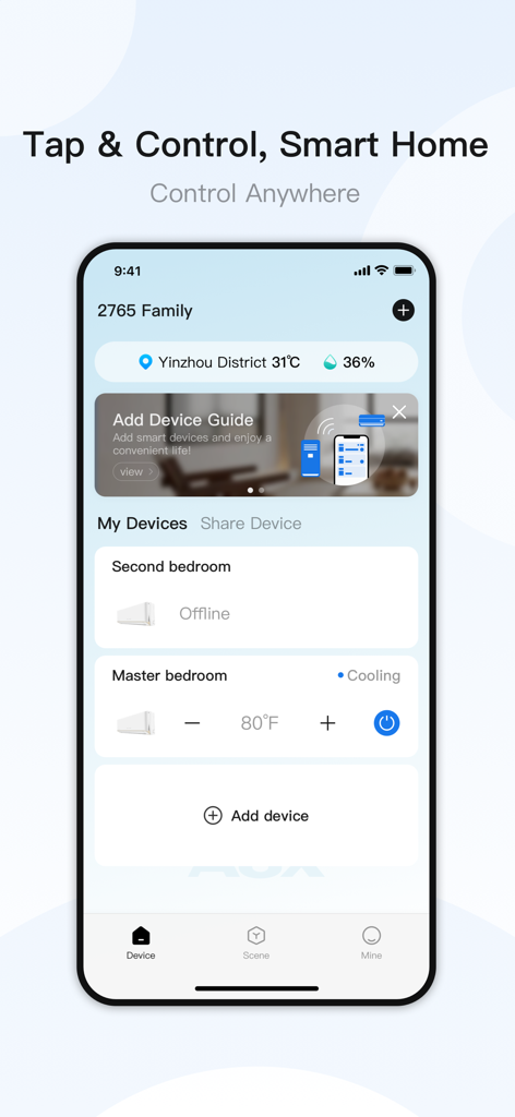 AUX Home - Interfaz de la aplicación AUX Home para control y monitoreo remoto de aire acondicionado inteligente