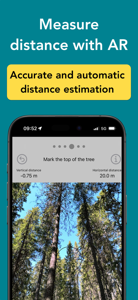 Arboreal - Tree Height - Smartphone screen showing the Arboreal app using augmented reality to estimate the distance to a tree top