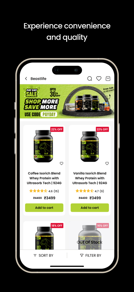 Beastlife - Beastlife app interface showing whey protein product listings and a payday sale banner