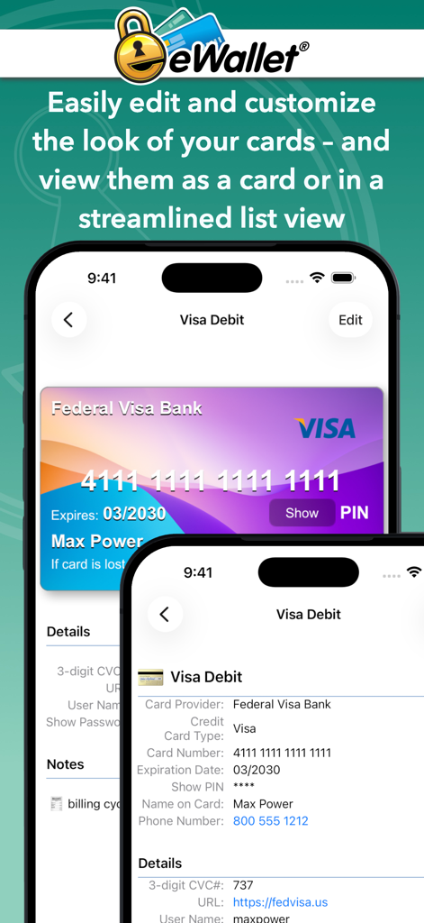eWallet - Password Manager - Interfaz de la aplicación eWallet mostrando una representación visual de tarjeta de crédito y una lista detallada de texto con información de la cuenta.