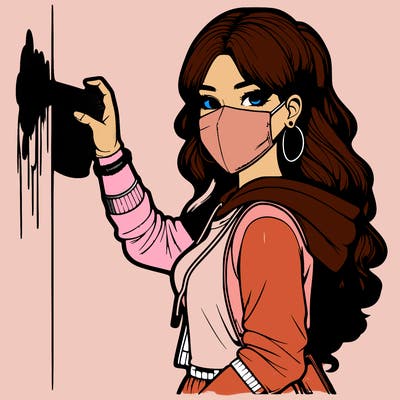 realistic girl with mask spray painting a wall