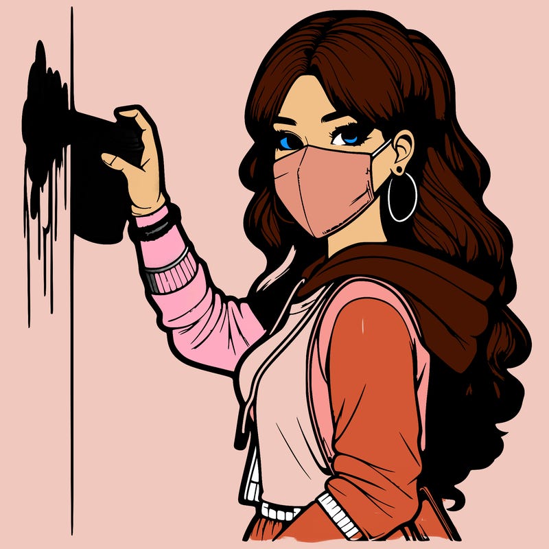 realistic girl with mask spray painting a wall